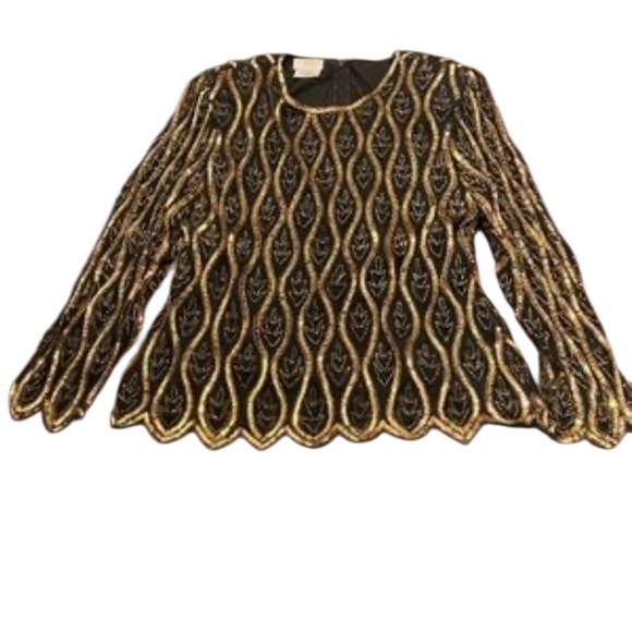 STENAY VINTAGE 80’s Silk Sequin Beaded Long Sleeve Black Gold Size XL Formal EUC - Picture 5 of 15